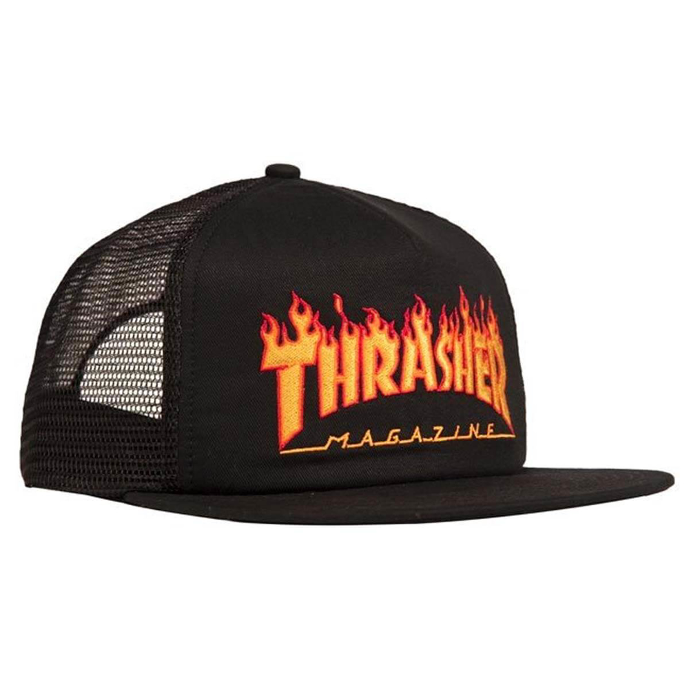 THRASHER MAGAZINE EMBROIDERED FLAME LOGO MESH CAP BLACK UNI