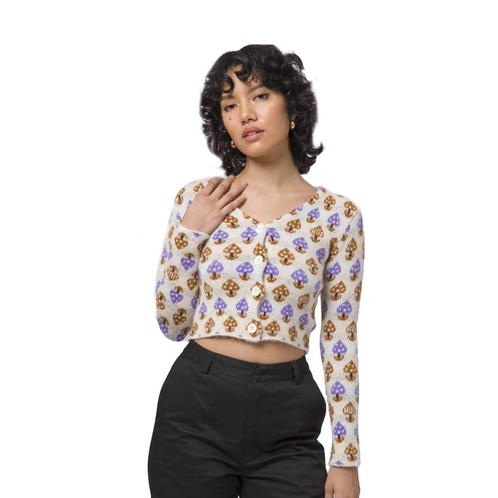 HUF SHROOM CROPPED CARDIGAN PULLOVER OFF WHITE M