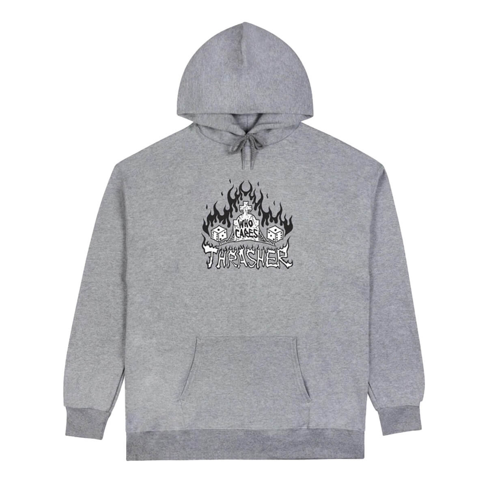 THRASHER MAGAZINE WHO CARES BY NECK FACE HOOD PULLOVER SPORT GREY M