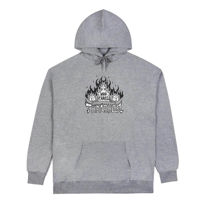 THRASHER MAGAZINE WHO CARES BY NECK FACE HOOD PULLOVER SPORT GREY M